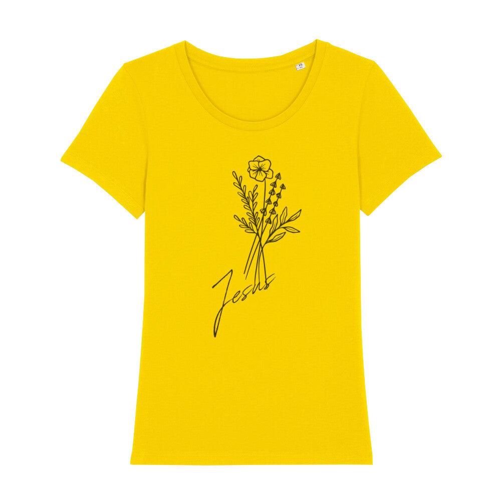 christliches T-Shirt mit einem Frauen-Schnitt in gelb aus 100 % Bio-Baumwolle mittig auf der Brust ein Blumenstrauß mit dem Namen Jesus. Erhältlich in den Größen XS bis XXL