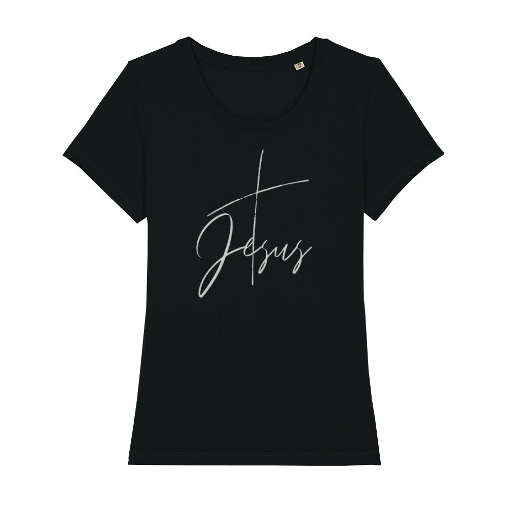 christliches T-Shirt mit einem Frauen-Schnitt in schwarz aus 100 % Bio-Baumwolle mittig auf der Brust ein Kreuz mit dem Namen Jesus. Erhältlich in den Größen XS bis XXL