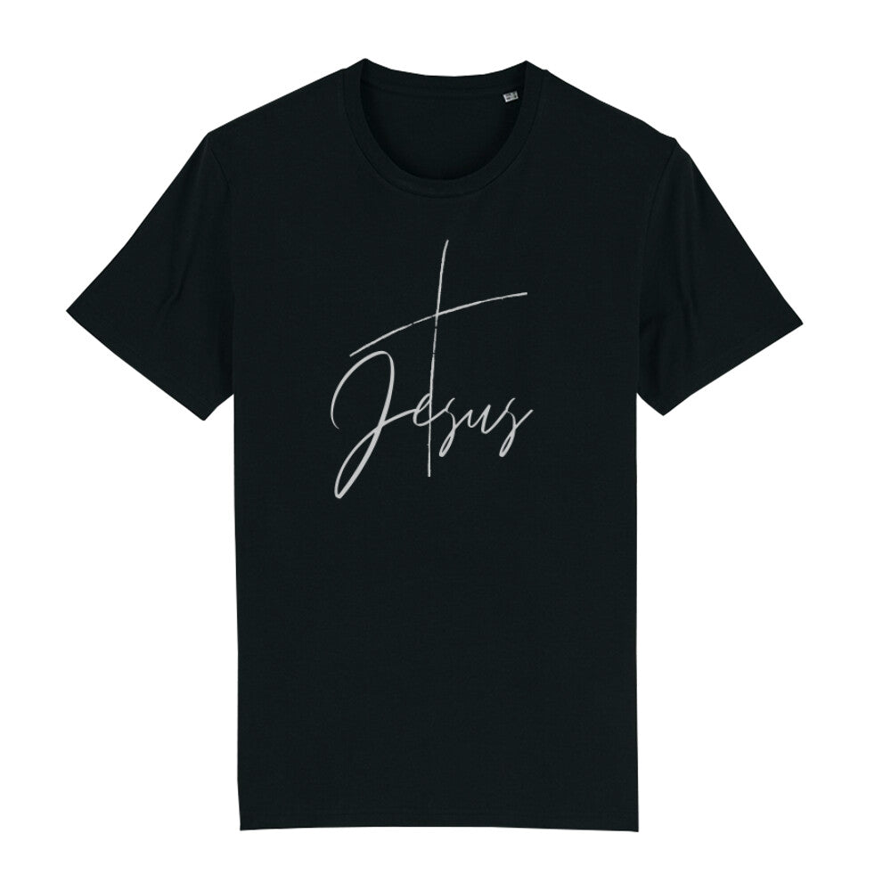 christliches T-Shirt mit einem Unisex-Schnitt in schwarz aus 100 % Bio-Baumwolle "Kreuz Jesus" mit einem Kreuz und dem Schriftzug Jesus mitten auf der Brust. Erhältlich in den Größen S bis XXL