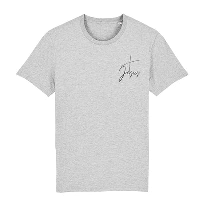 christliches T-Shirt mit einem Unisex-Schnitt in grau aus 100 % Bio-Baumwolle "Kreuz Jesus" mit einem Kreuz und dem Schriftzug Jesus rechts (minimalistisch) auf der Brust. Erhältlich in den Größen S bis XXL