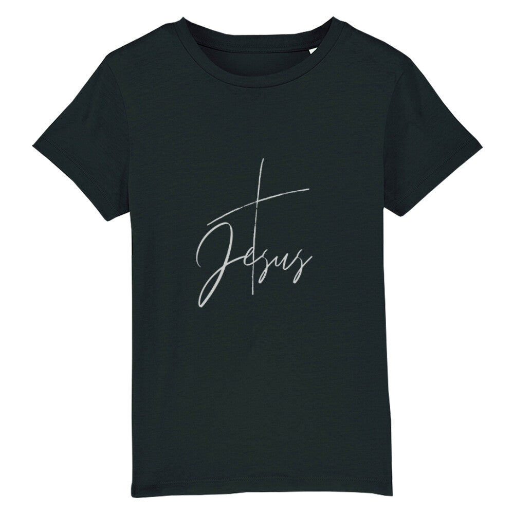 christliches T-Shirt für Kinder mit einem Unisex-Schnitt in schwarz aus 100 % Bio-Baumwolle mittig auf der Brust ein Kreuz und der Name Jesus. Erhältlich in den Größen 98/104 bis 152/164