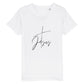 christliches T-Shirt für Kinder mit einem Unisex-Schnitt in weiß aus 100 % Bio-Baumwolle mittig auf der Brust ein Kreuz und der Name Jesus. Erhältlich in den Größen 98/104 bis 152/164