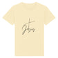 christliches T-Shirt für Kinder mit einem Unisex-Schnitt in hellgelb aus 100 % Bio-Baumwolle mittig auf der Brust ein Kreuz und der Name Jesus. Erhältlich in den Größen 98/104 bis 152/164