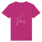 christliches T-Shirt für Kinder mit einem Unisex-Schnitt in lila aus 100 % Bio-Baumwolle mittig auf der Brust ein Kreuz und der Name Jesus. Erhältlich in den Größen 98/104 bis 152/164