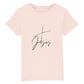 christliches T-Shirt für Kinder mit einem Unisex-Schnitt in pink aus 100 % Bio-Baumwolle mittig auf der Brust ein Kreuz und der Name Jesus. Erhältlich in den Größen 98/104 bis 152/164