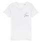 christliches T-Shirt für Kinder mit einem Unisex-Schnitt in weiß aus 100 % Bio-Baumwolle rechts auf der Brust ein Kreuz und der Name Jesus. Erhältlich in den Größen 98/104 bis 152/164
