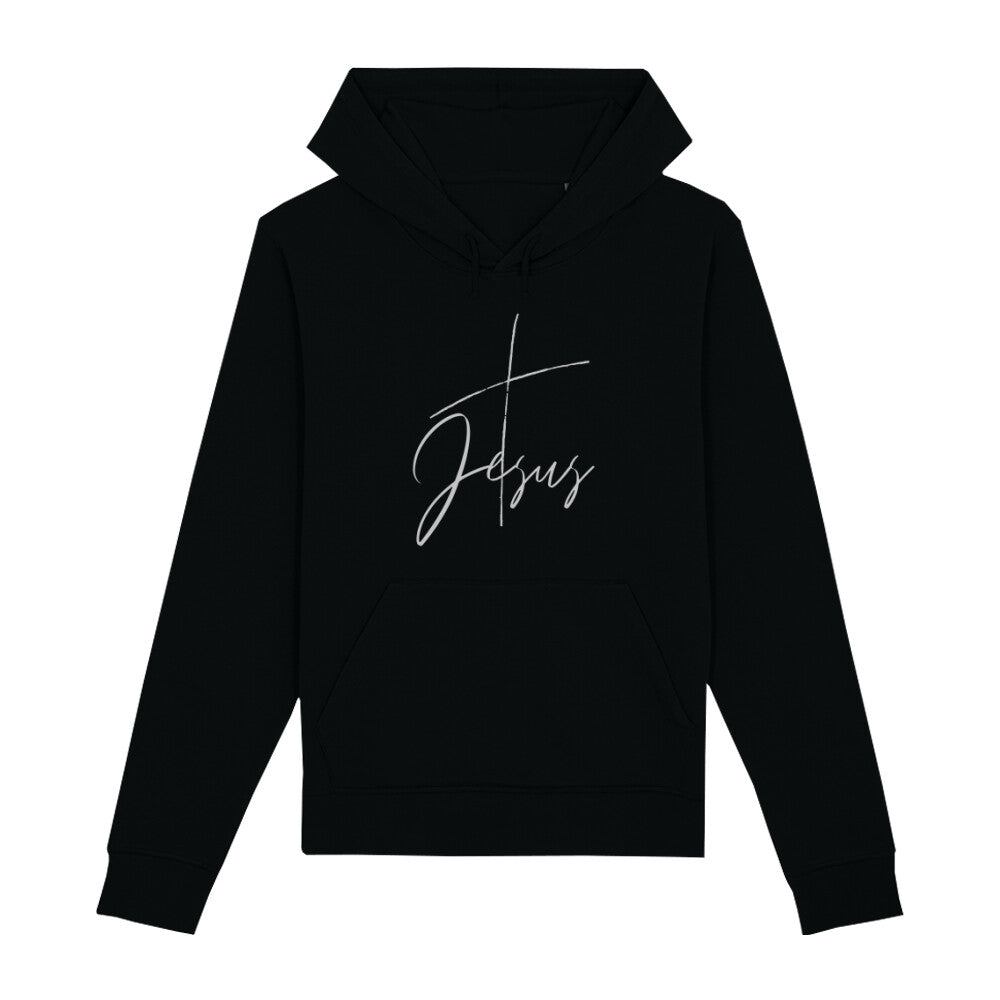 christlicher Hoodie mit einem Unisex-Schnitt in schwarz aus Bio-Baumwolle mit einem Kreuz und dem Schriftzug Jesus mitten auf der Brust. Erhältlich in den Größen XS bis XXL