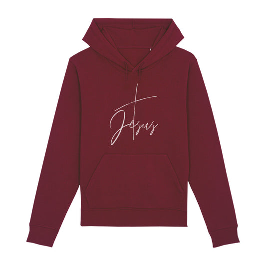 christlicher Hoodie mit einem Unisex-Schnitt in dunkelrot aus Bio-Baumwolle mit einem Kreuz und dem Schriftzug Jesus mitten auf der Brust. Erhältlich in den Größen XS bis XXL