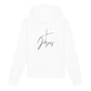 christlicher Hoodie mit einem Unisex-Schnitt in weiß aus Bio-Baumwolle mit einem Kreuz und dem Schriftzug Jesus mitten auf der Brust. Erhältlich in den Größen XS bis XXL