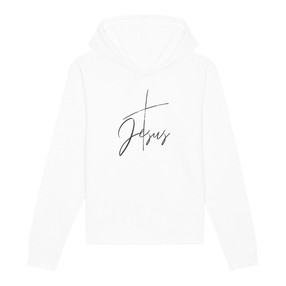 christlicher Hoodie mit einem Unisex-Schnitt in weiß aus Bio-Baumwolle mit einem Kreuz und dem Schriftzug Jesus mitten auf der Brust. Erhältlich in den Größen XS bis XXL