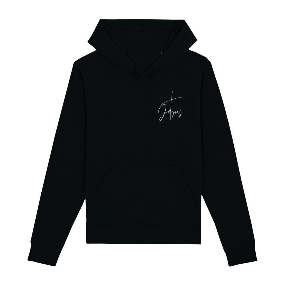 christlicher Hoodie mit einem Unisex-Schnitt in schwarz aus Bio-Baumwolle mit einem Kreuz und dem Schriftzug Jesus rechts auf der Brust. Erhältlich in den Größen XS bis XXL