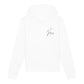 christlicher Hoodie mit einem Unisex-Schnitt in weiß aus Bio-Baumwolle mit einem Kreuz und dem Schriftzug Jesus rechts auf der Brust. Erhältlich in den Größen XS bis XXL