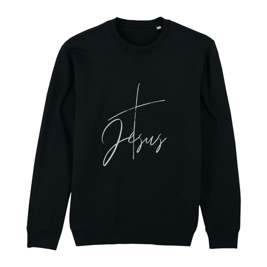 christliches Sweatshirt mit einem Unisex-Schnitt in schwarz aus Bio-Baumwolle mit einem Kreuz und dem Schriftzug Jesus mittig auf der Brust. Erhältlich in den Größen XS bis XXL