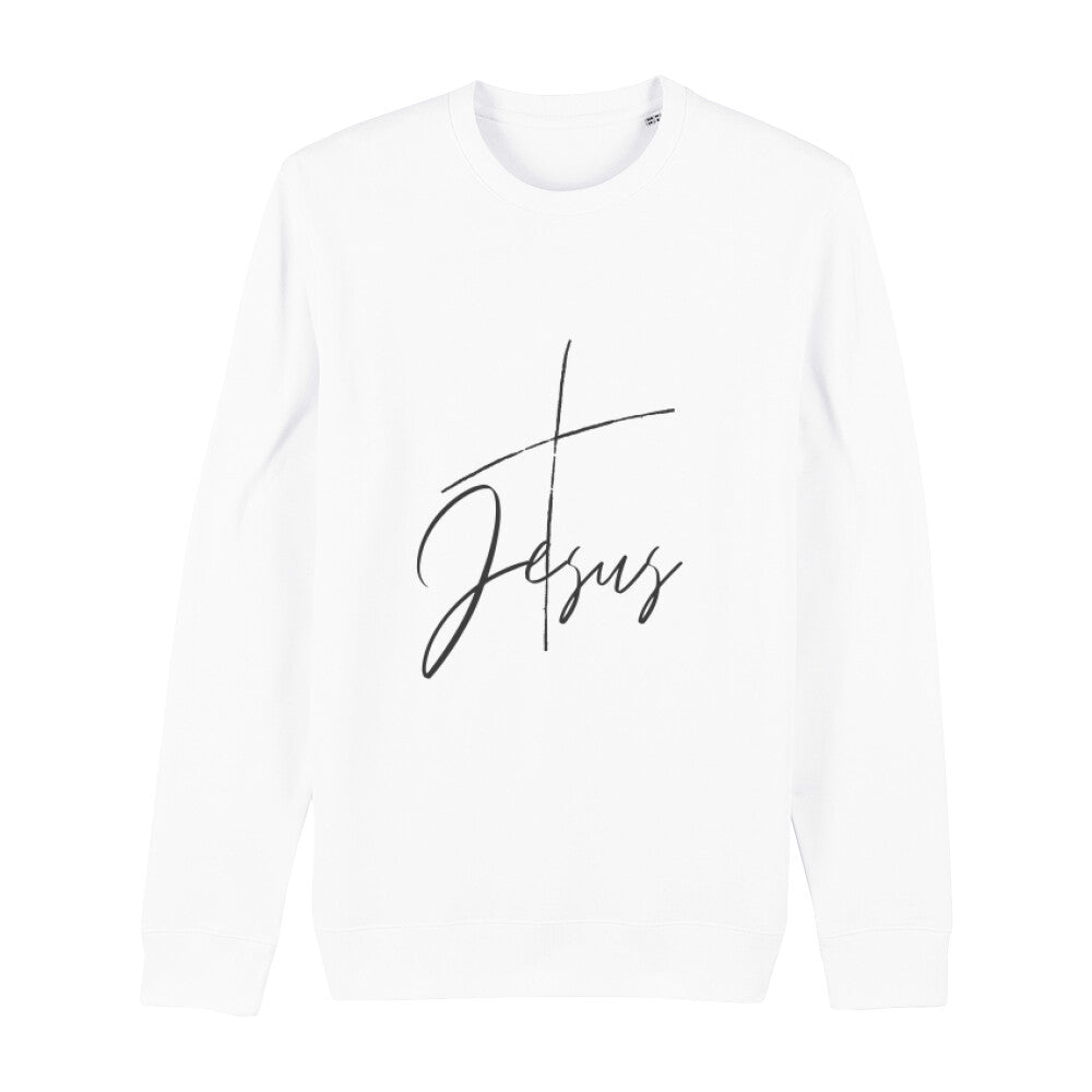 christliches Sweatshirt mit einem Unisex-Schnitt in weiß aus Bio-Baumwolle mit einem Kreuz und dem Schriftzug Jesus mittig auf der Brust. Erhältlich in den Größen XS bis XXL