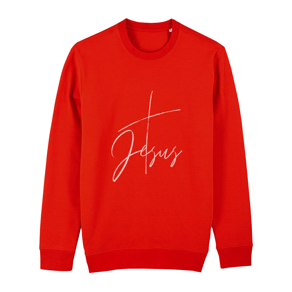 christliches Sweatshirt mit einem Unisex-Schnitt in feuerrot aus Bio-Baumwolle mit einem Kreuz und dem Schriftzug Jesus mittig auf der Brust. Erhältlich in den Größen XS bis XXL