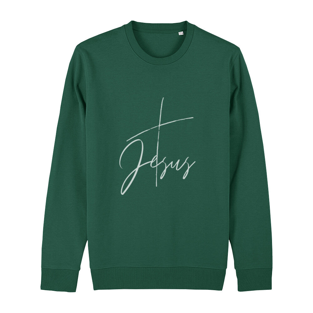 christliches Sweatshirt mit einem Unisex-Schnitt in dunkelgrün aus Bio-Baumwolle mit einem Kreuz und dem Schriftzug Jesus mittig auf der Brust. Erhältlich in den Größen XS bis XXL