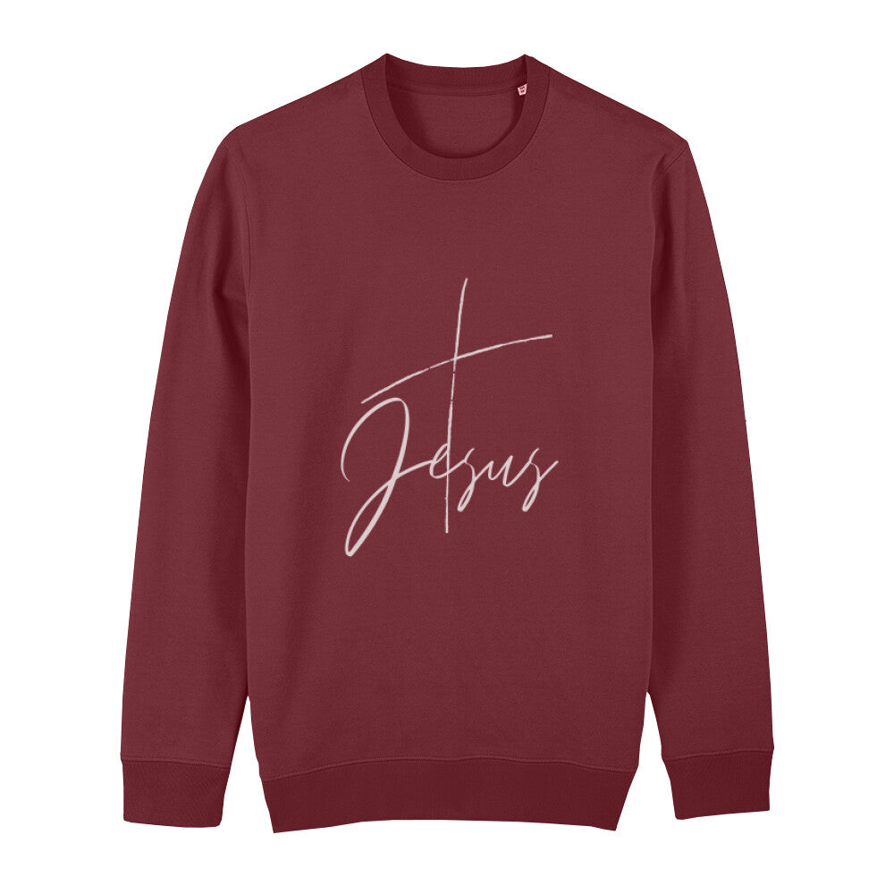 christliches Sweatshirt mit einem Unisex-Schnitt in dunkelrot aus Bio-Baumwolle mit einem Kreuz und dem Schriftzug Jesus mittig auf der Brust. Erhältlich in den Größen XS bis XXL