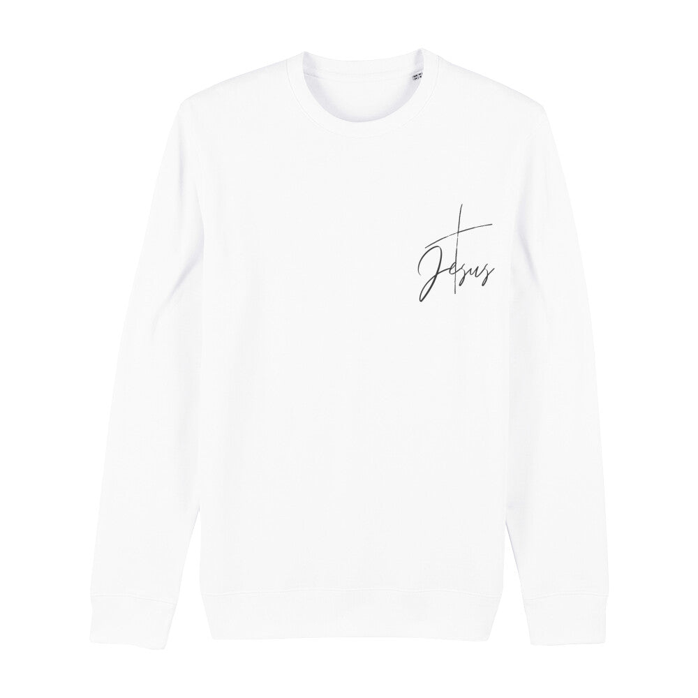 christliches Sweatshirt mit einem Unisex-Schnitt in weiß aus Bio-Baumwolle mit einem Kreuz und dem Schriftzug Jesus minimalistisch rechts auf der Brust. Erhältlich in den Größen XS bis XXL