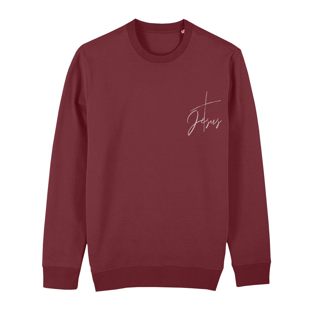 christliches Sweatshirt mit einem Unisex-Schnitt in dunkelrot aus Bio-Baumwolle mit einem Kreuz und dem Schriftzug Jesus minimalistisch rechts auf der Brust. Erhältlich in den Größen XS bis XXL