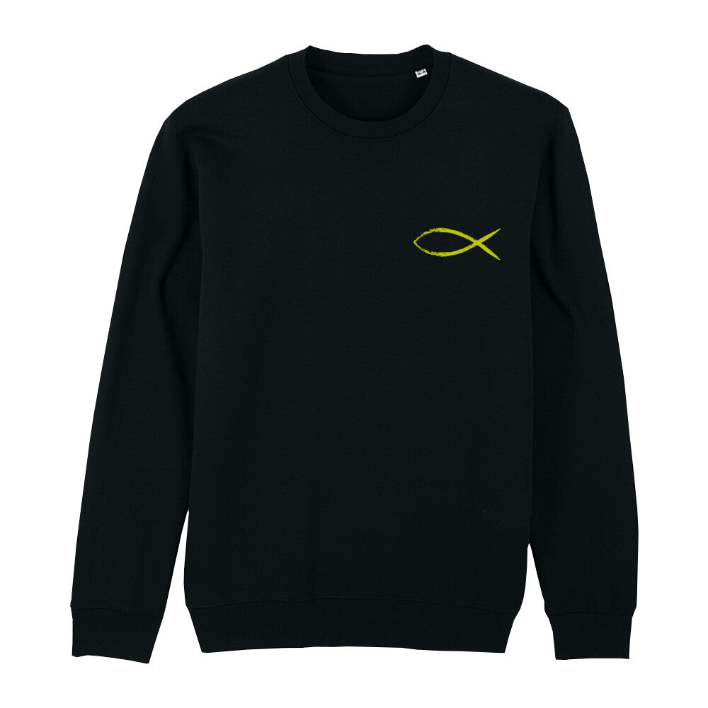 christliches Sweatshirt mit einem Unisex-Schnitt in schwarz aus Bio-Baumwolle Vorderseite mit einem gelben Fisch rechts auf der Brust. Erhältlich in den Größen XS bis XXL