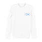 christliches Sweatshirt mit einem Unisex-Schnitt in weiß aus Bio-Baumwolle Vorderseite mit einem gelben Fisch rechts auf der Brust. Erhältlich in den Größen XS bis XXL