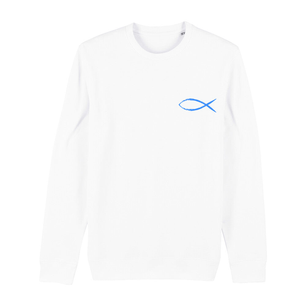 christliches Sweatshirt mit einem Unisex-Schnitt in weiß aus Bio-Baumwolle Vorderseite mit einem gelben Fisch rechts auf der Brust. Erhältlich in den Größen XS bis XXL