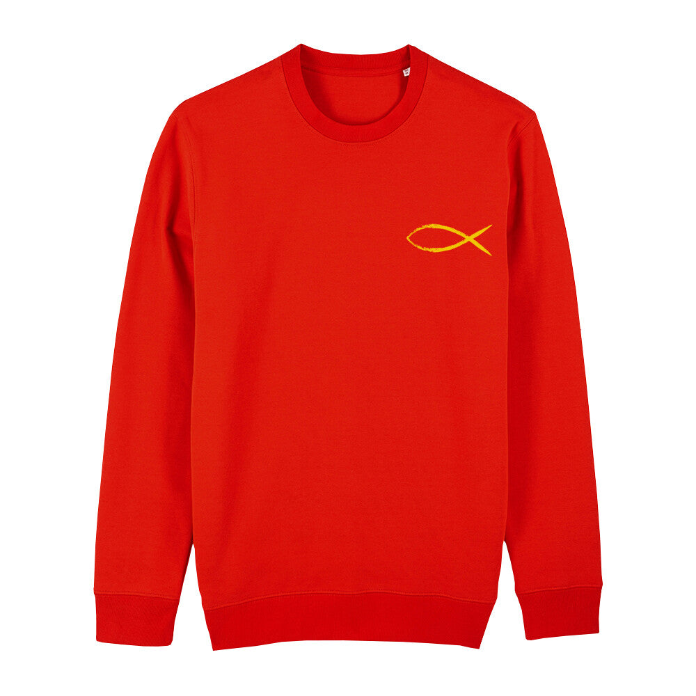 christliches Sweatshirt mit einem Unisex-Schnitt in feuerrot aus Bio-Baumwolle Vorderseite mit einem gelben Fisch rechts auf der Brust. Erhältlich in den Größen XS bis XXL