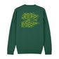 christliches Sweatshirt mit einem Unisex-Schnitt in dunkelgrün aus Bio-Baumwolle Rückseite gelbe Fische die gegen den Strom schwimmen. Erhältlich in den Größen XS bis XXL