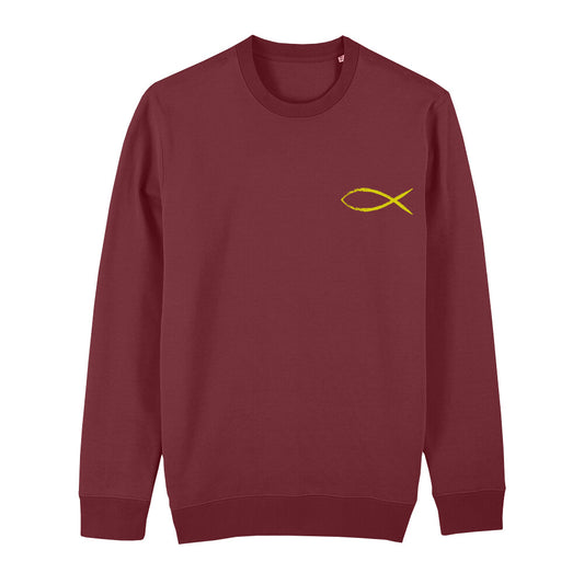 christliches Sweatshirt mit einem Unisex-Schnitt in dunkelrot aus Bio-Baumwolle Vorderseite mit einem gelben Fisch rechts auf der Brust. Erhältlich in den Größen XS bis XXL