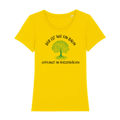 christliches T-Shirt für Frauen in gelb aus 100 % Bio-Baumwolle " Der ist wie ein Baum gepflanzt an Wasserbächen " mit grünem Baum Psalm 1,3