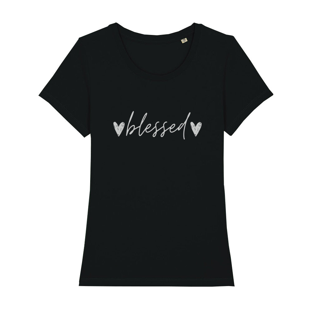 christliches T-Shirt mit einem Frauen-Schnitt in schwarz aus 100 % Bio-Baumwolle mittig auf der Brust "❤︎ blessed ❤︎". Erhältlich in den Größen XS bis XXL