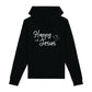 christlicher Hoodie mit einem Unisex-Schnitt in schwarz aus Bio-Baumwolle mit dem Schriftzug Happy with Jesus mitten auf der Brust. Erhältlich in den Größen XS bis XXL