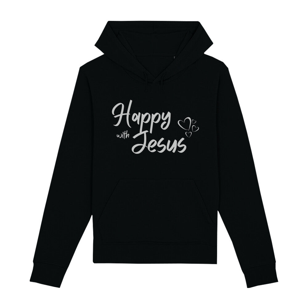 christlicher Hoodie mit einem Unisex-Schnitt in schwarz aus Bio-Baumwolle mit dem Schriftzug Happy with Jesus mitten auf der Brust. Erhältlich in den Größen XS bis XXL