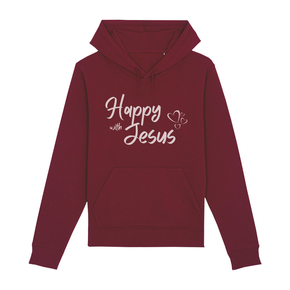 christlicher Hoodie mit einem Unisex-Schnitt in dunkelrot aus Bio-Baumwolle mit dem Schriftzug Happy with Jesus mitten auf der Brust. Erhältlich in den Größen XS bis XXL