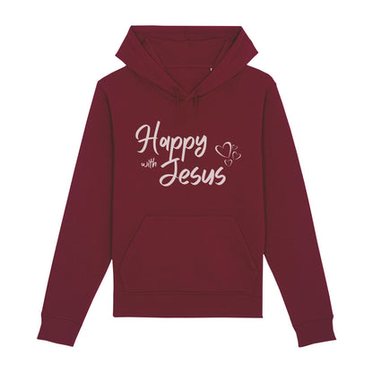 christlicher Hoodie mit einem Unisex-Schnitt in dunkelrot aus Bio-Baumwolle mit dem Schriftzug Happy with Jesus mitten auf der Brust. Erhältlich in den Größen XS bis XXL