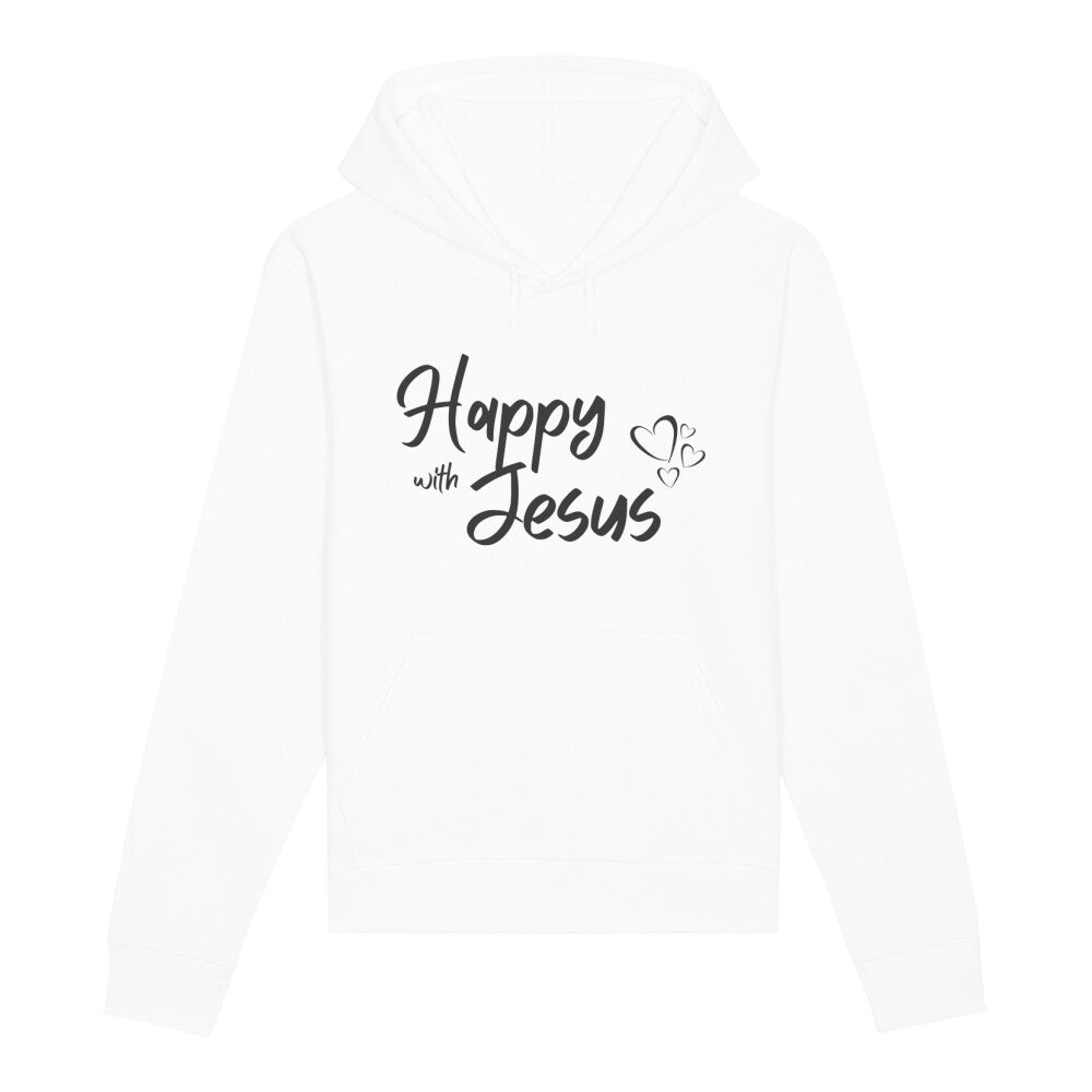 christlicher Hoodie mit einem Unisex-Schnitt in weiß aus Bio-Baumwolle mit dem Schriftzug Happy with Jesus mitten auf der Brust. Erhältlich in den Größen XS bis XXL