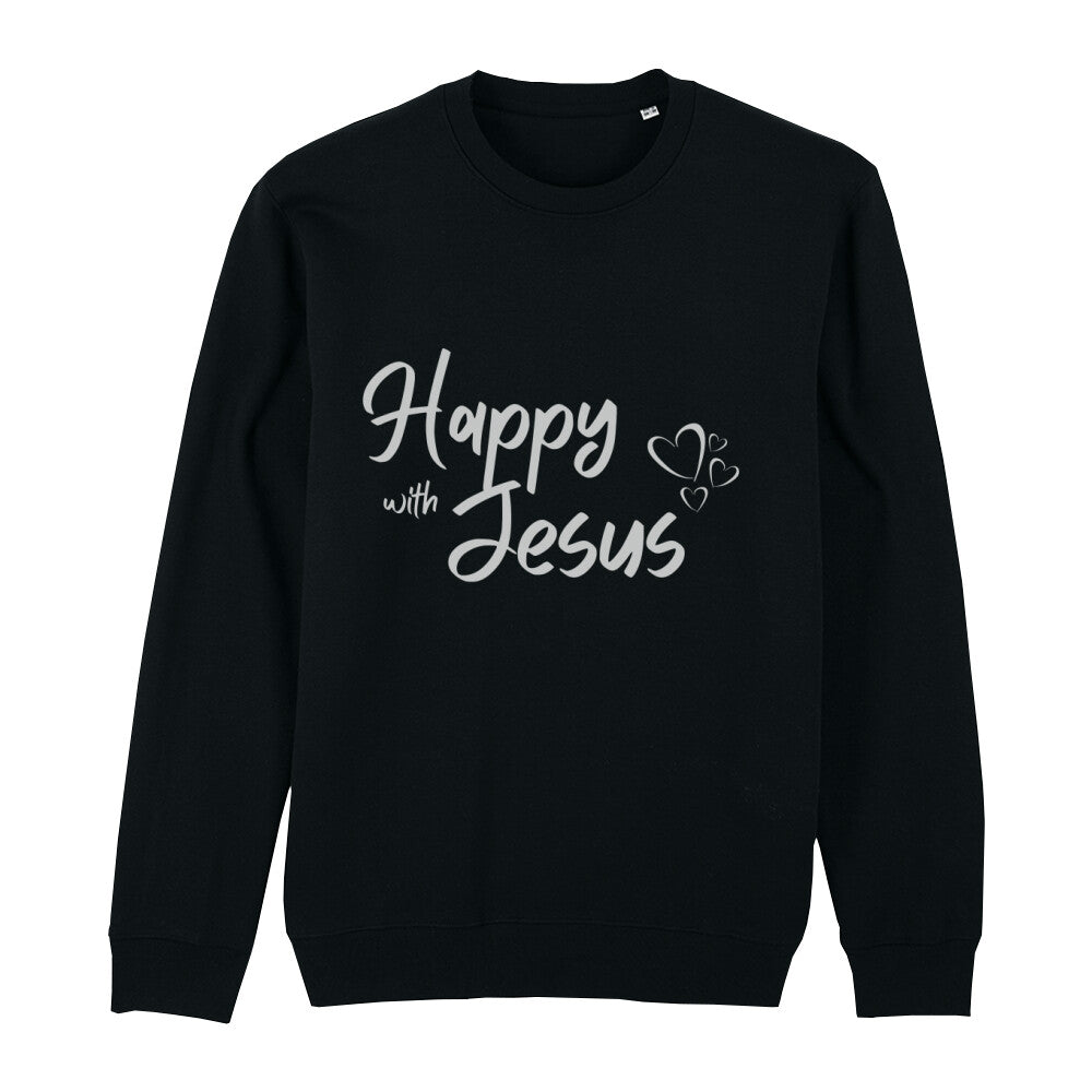 christliches Sweatshirt mit einem Unisex-Schnitt in schwarz aus Bio-Baumwolle mit dem Schriftzug Happy with Jesus mitten auf der Brust. Erhältlich in den Größen XS bis XXL