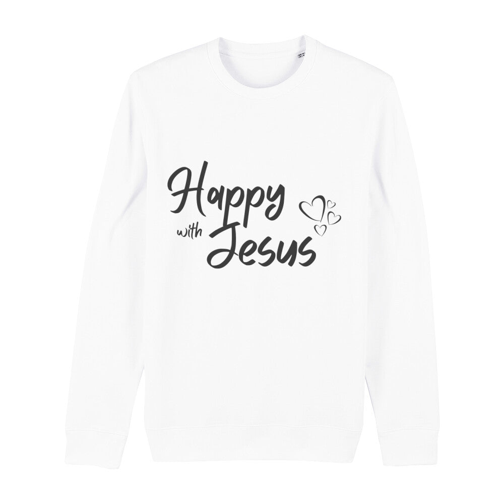 christliches Sweatshirt mit einem Unisex-Schnitt in weiß aus Bio-Baumwolle mit dem Schriftzug Happy with Jesus mitten auf der Brust. Erhältlich in den Größen XS bis XXL