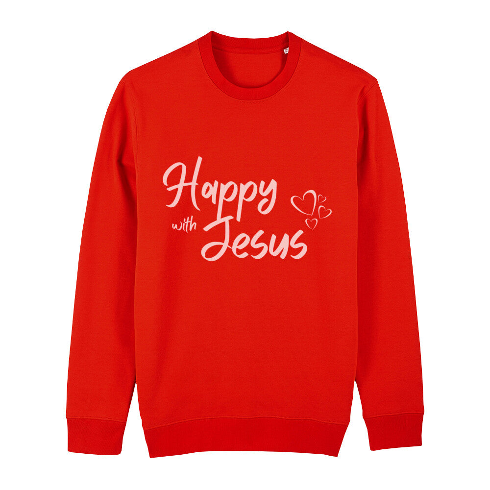 christliches Sweatshirt mit einem Unisex-Schnitt in feuerrot aus Bio-Baumwolle mit dem Schriftzug Happy with Jesus mitten auf der Brust. Erhältlich in den Größen XS bis XXL