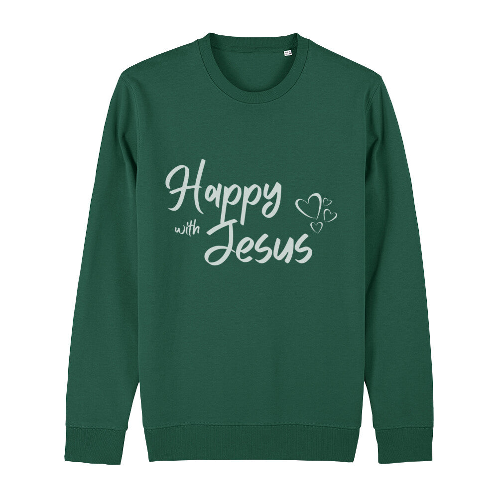 christliches Sweatshirt mit einem Unisex-Schnitt in dunkelgrün aus Bio-Baumwolle mit dem Schriftzug Happy with Jesus mitten auf der Brust. Erhältlich in den Größen XS bis XXL