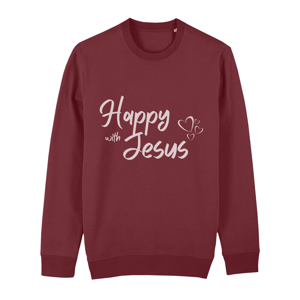 christliches Sweatshirt mit einem Unisex-Schnitt in dunkelrot aus Bio-Baumwolle mit dem Schriftzug Happy with Jesus mitten auf der Brust. Erhältlich in den Größen XS bis XXL