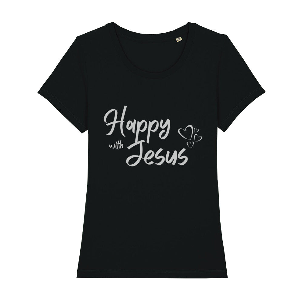 christliches T-Shirt mit einem Frauen-Schnitt in schwarz aus 100 % Bio-Baumwolle mittig auf der Brust "Happy with Jesus". Erhältlich in den Größen XS bis XXL