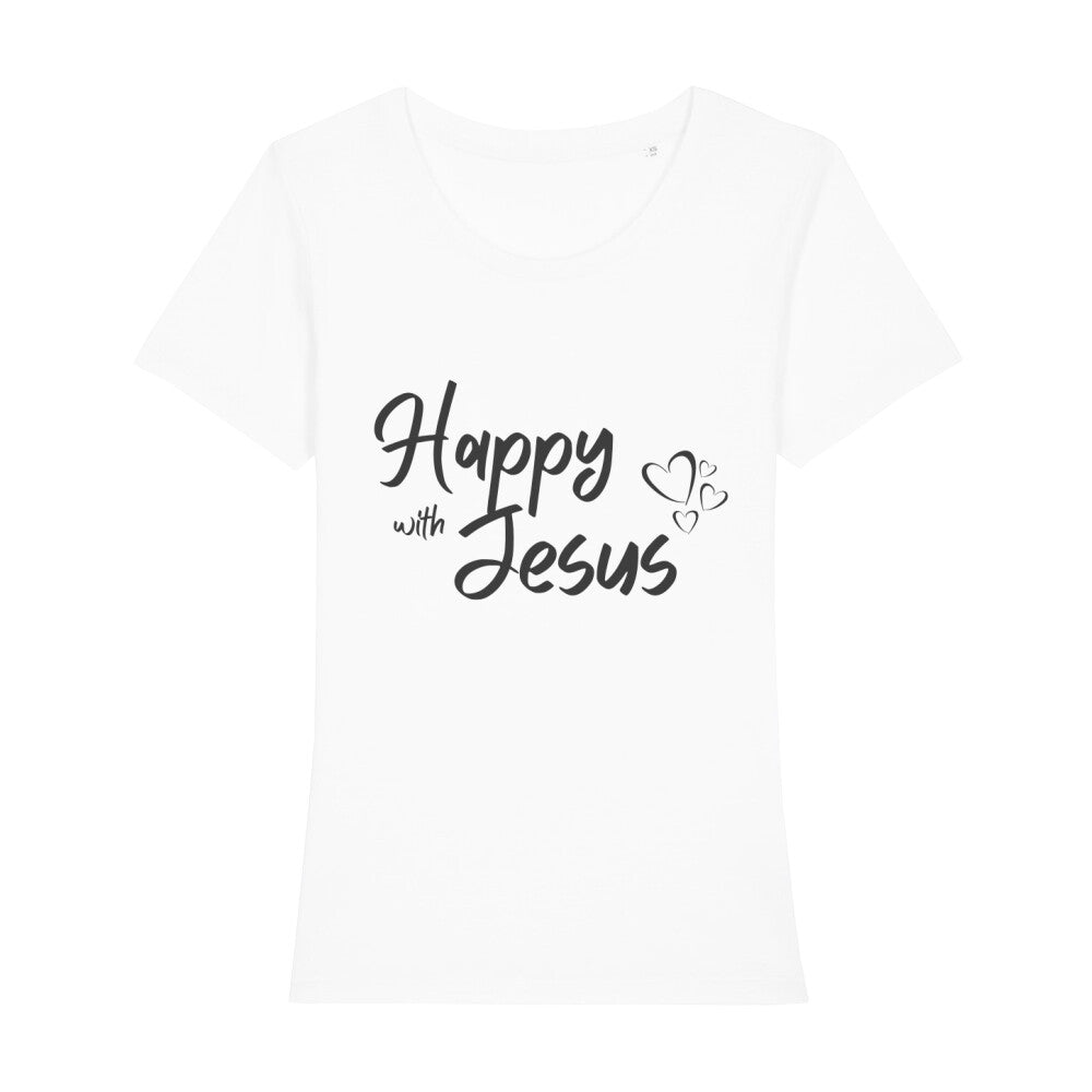 christliches T-Shirt mit einem Frauen-Schnitt in weiß aus 100 % Bio-Baumwolle mittig auf der Brust "Happy with Jesus". Erhältlich in den Größen XS bis XXL