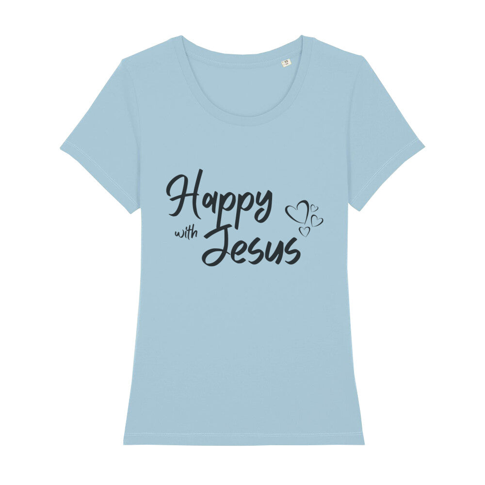 christliches T-Shirt mit einem Frauen-Schnitt in hellblau aus 100 % Bio-Baumwolle mittig auf der Brust "Happy with Jesus". Erhältlich in den Größen XS bis XXL