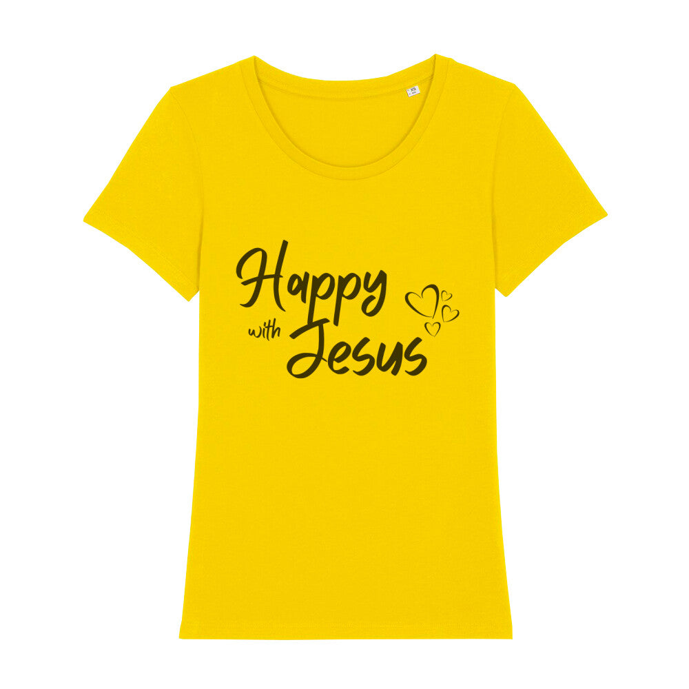 christliches T-Shirt mit einem Frauen-Schnitt in gelb aus 100 % Bio-Baumwolle mittig auf der Brust "Happy with Jesus". Erhältlich in den Größen XS bis XXL