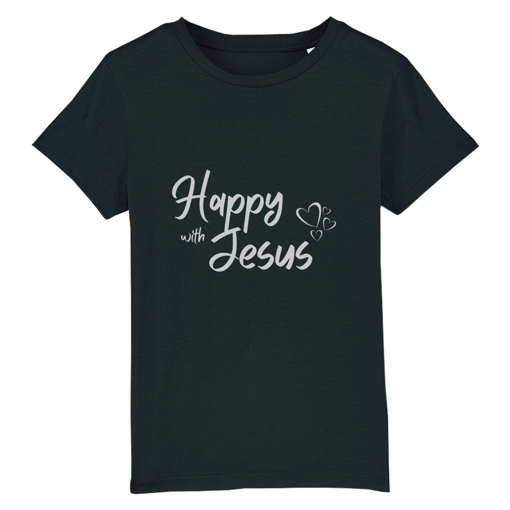 christliches T-Shirt für Kinder mit einem Unisex-Schnitt in schwarz aus 100 % Bio-Baumwolle mittig auf der Brust "happy with Jesus". Erhältlich in den Größen 98/104 bis 152/164