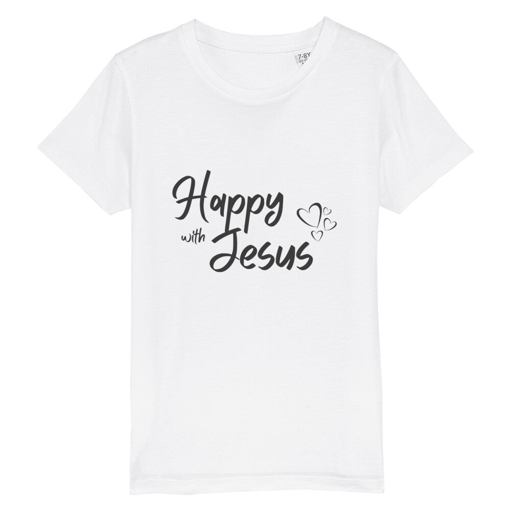 christliches T-Shirt für Kinder mit einem Unisex-Schnitt in weiß aus 100 % Bio-Baumwolle mittig auf der Brust "happy with Jesus". Erhältlich in den Größen 98/104 bis 152/164