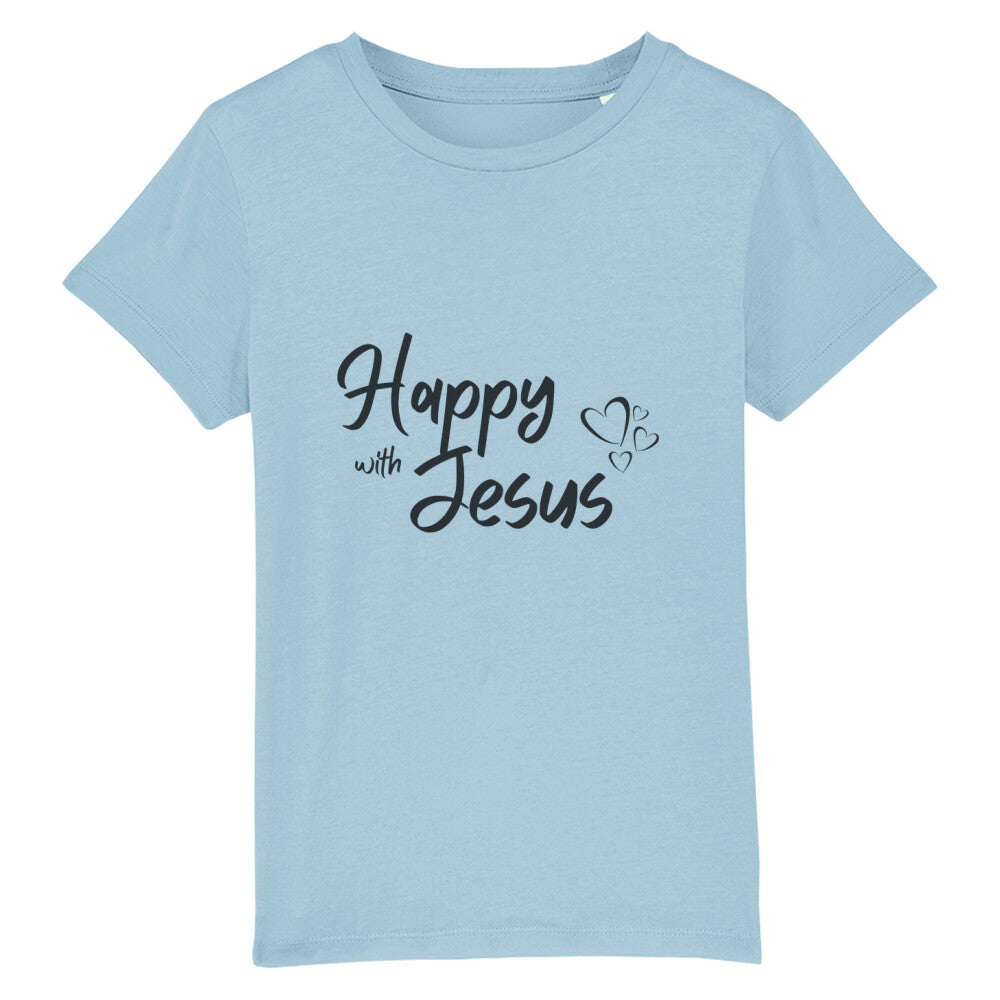 christliches T-Shirt für Kinder mit einem Unisex-Schnitt in hellblau aus 100 % Bio-Baumwolle mittig auf der Brust "happy with Jesus". Erhältlich in den Größen 98/104 bis 152/164