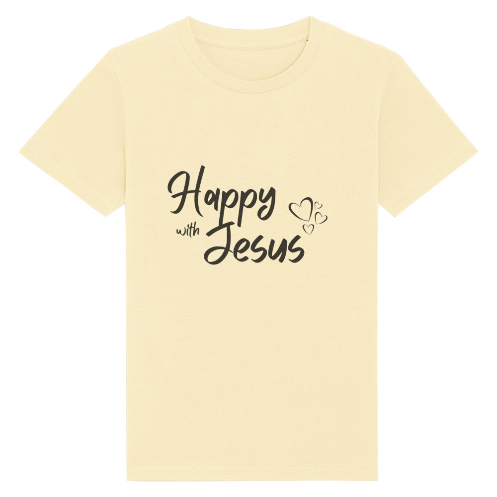 christliches T-Shirt für Kinder mit einem Unisex-Schnitt in hellgelb aus 100 % Bio-Baumwolle mittig auf der Brust "happy with Jesus". Erhältlich in den Größen 98/104 bis 152/164