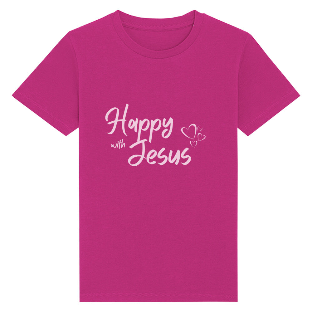 christliches T-Shirt für Kinder mit einem Unisex-Schnitt in lila aus 100 % Bio-Baumwolle mittig auf der Brust "happy with Jesus". Erhältlich in den Größen 98/104 bis 152/164